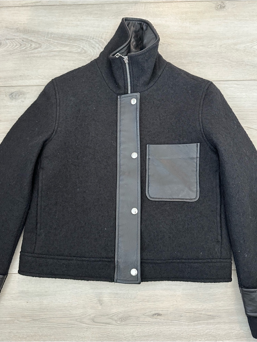 Club Monaco Black Wool Blend Moto Jacket XS Faux Leather Trim